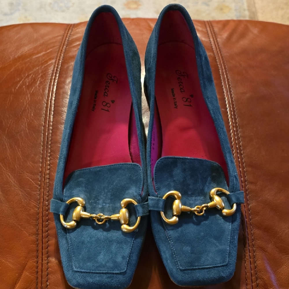 Elegant Blue Suede Loafers with Gold Detailing #2